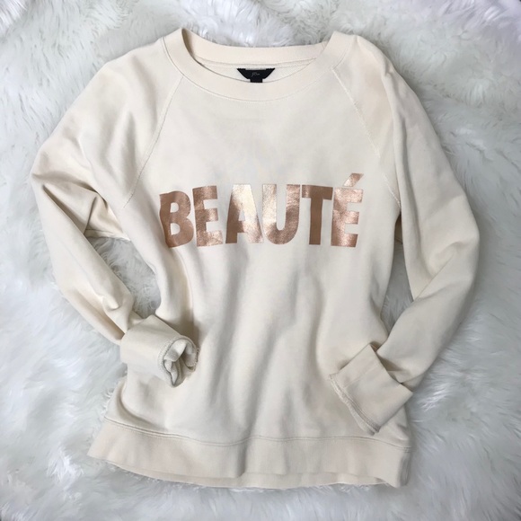 J Crew-“BEAUTE’”-Sweatshirt w/Rose gold letters-EUC-worn once-Sz Med. - Picture 2 of 6